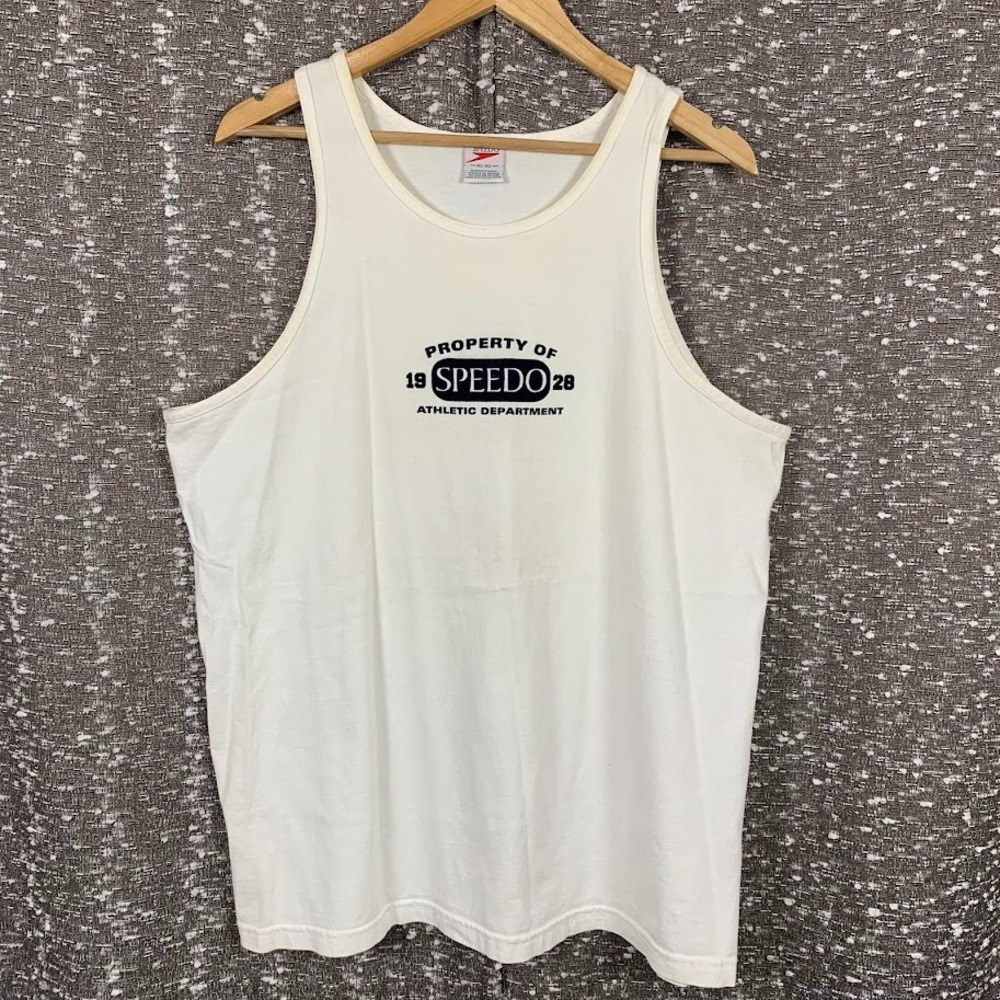Vintage 90s Speedo Athletic Department Graphic White Tank Top Shirt XL‎